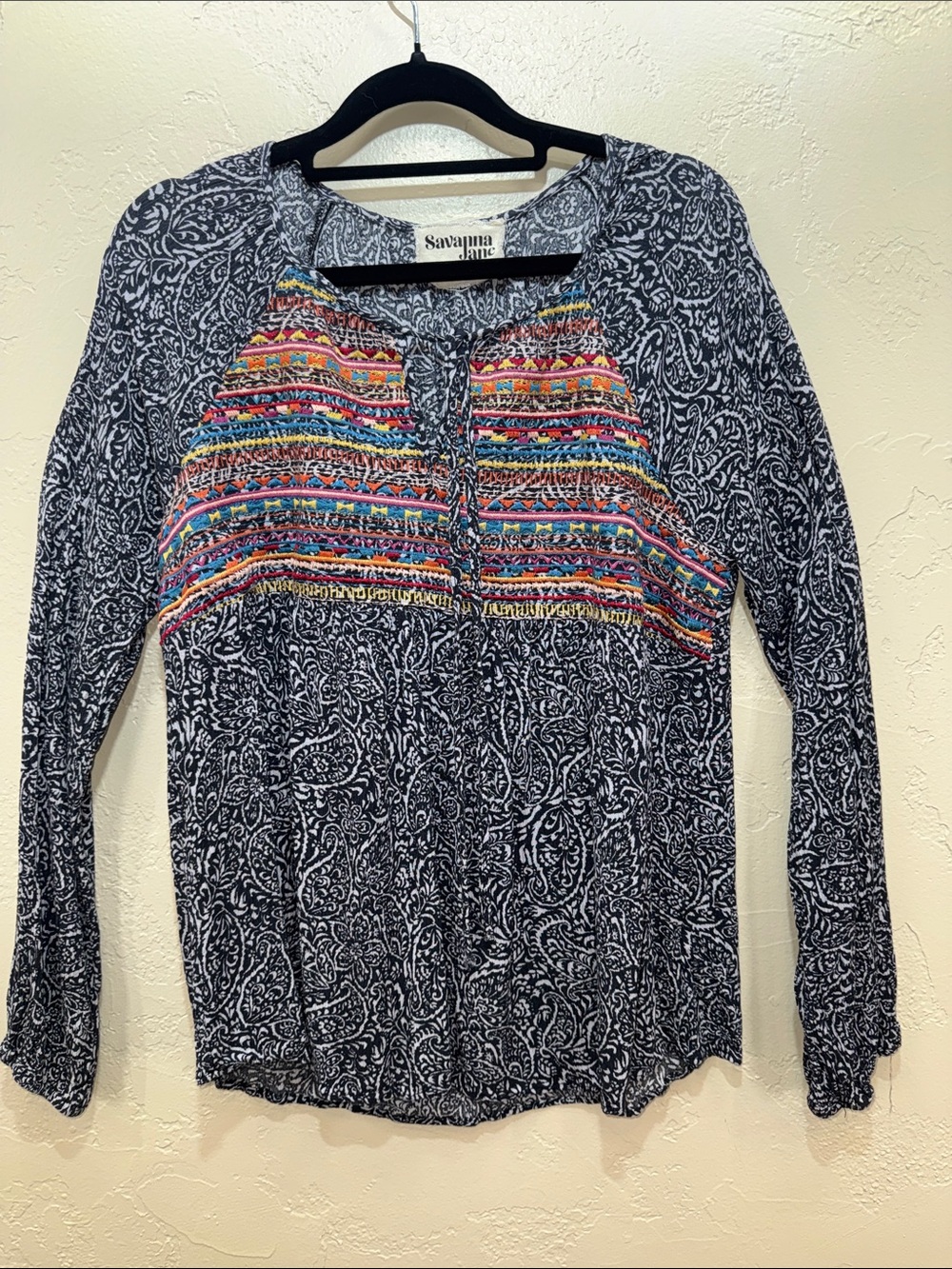 Savanna Jane Embroidered‎ Boho Peasant Top Paisley Rayon Medium Cottagecore